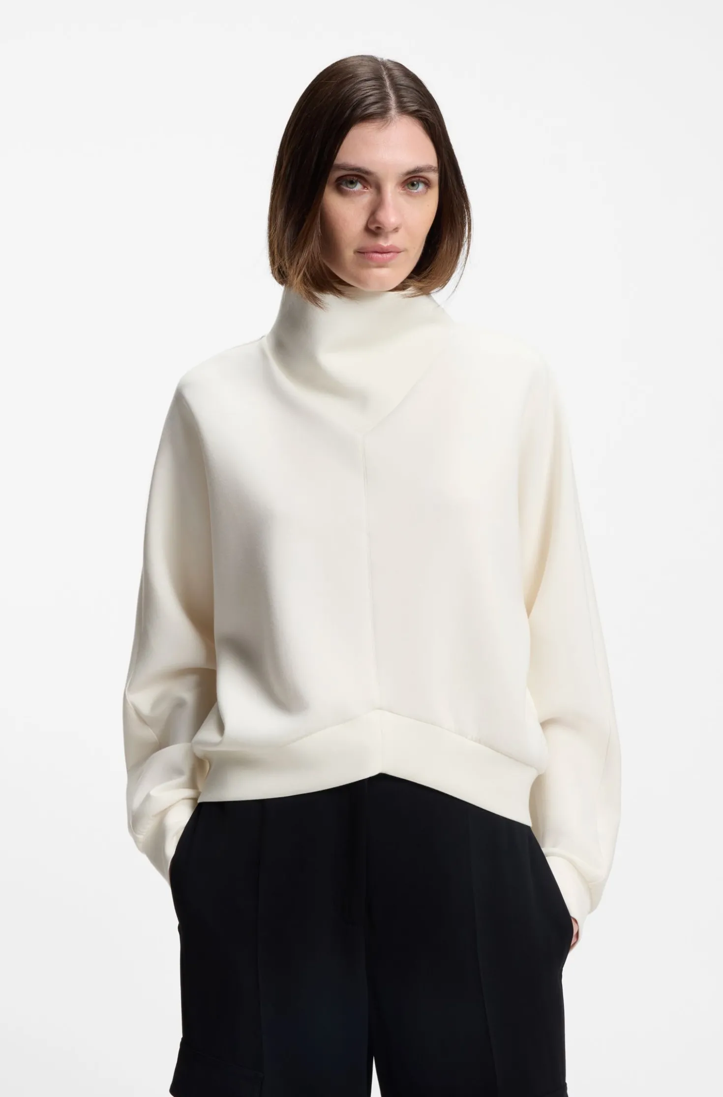 Loose-fit sweatshirt with draped funnel neck