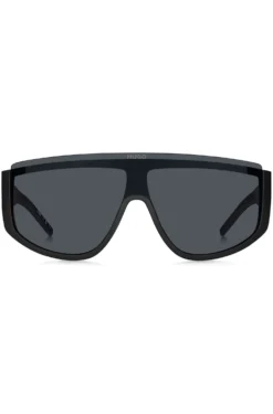 Mask-style sunglasses in black with stacked logo