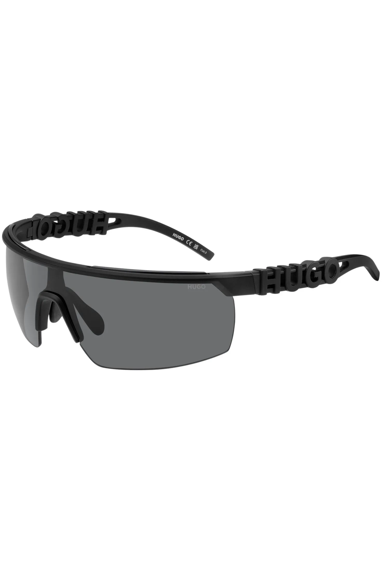 Mask-style sunglasses in black with 3D-logo temples