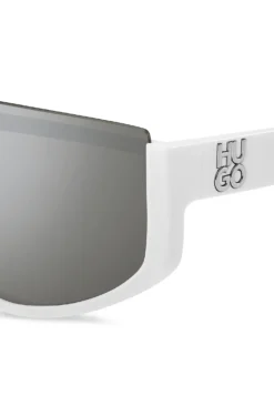 Mask-style sunglasses in white with stacked logo