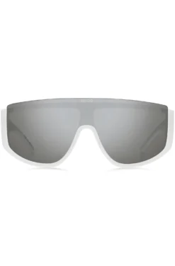 Mask-style sunglasses in white with stacked logo