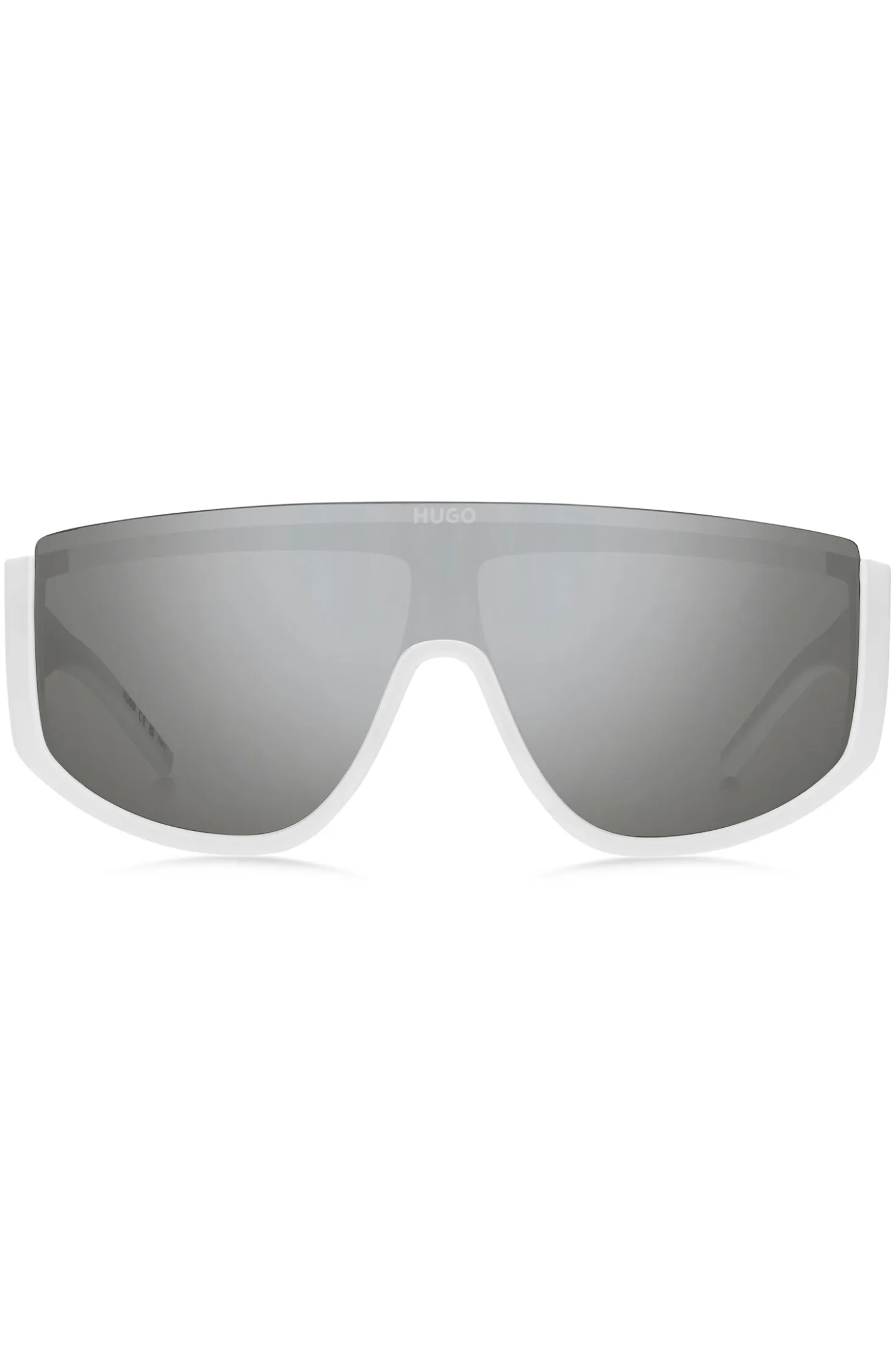 Mask-style sunglasses in white with stacked logo