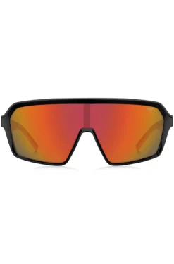 Mask-style sunglasses with red shaded lenses