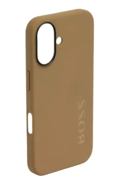Matte camel-toned iPhone 16 case with embossed logo