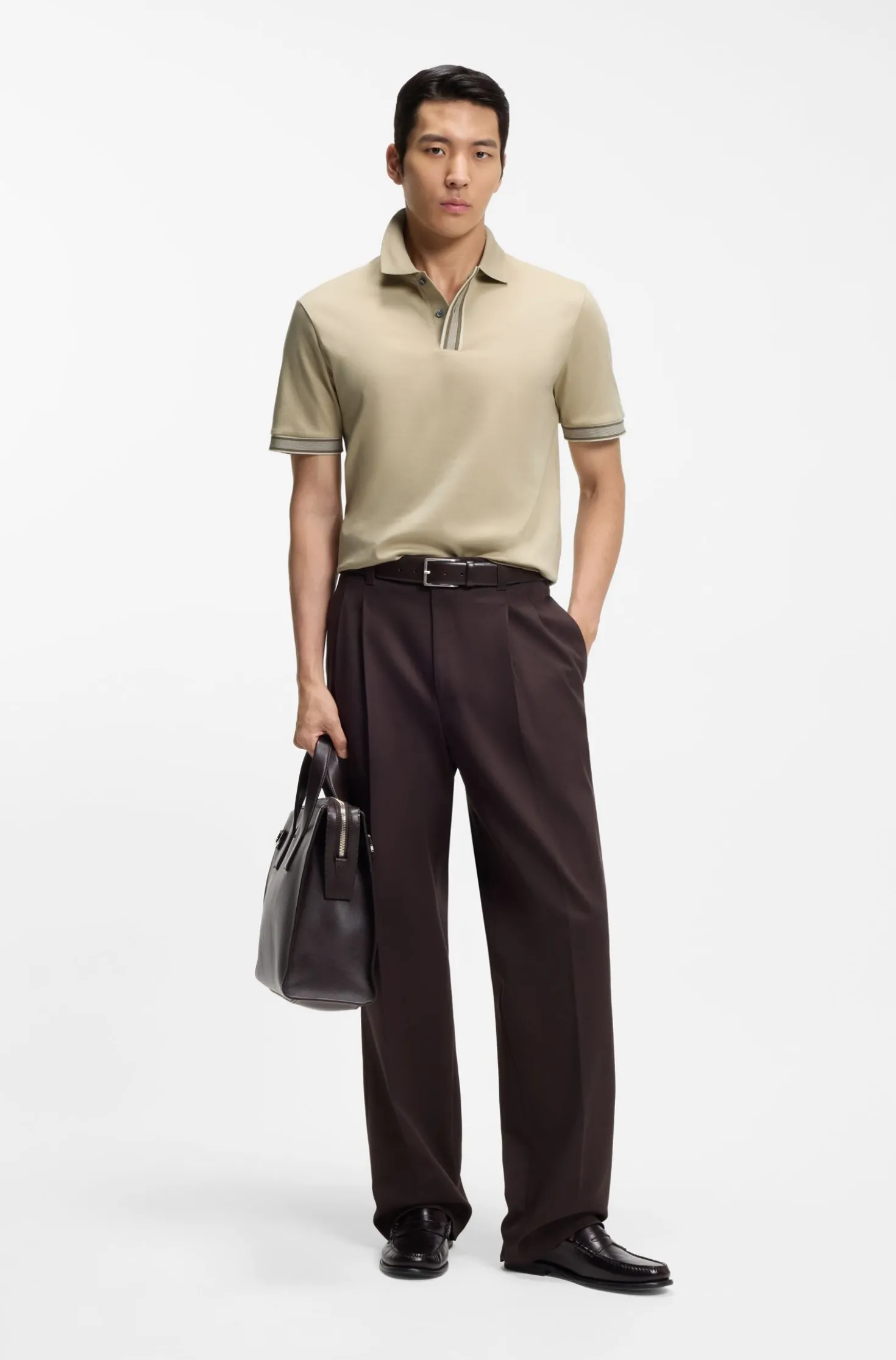 Mercerised-cotton polo shirt with striped trims