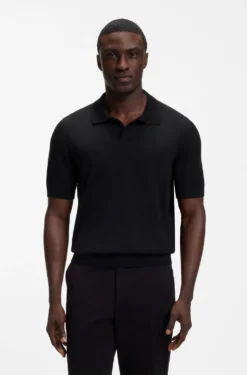 Merino-wool knit polo with Johnny collar