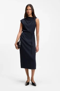 Midi-length dress with gathered shoulder detail