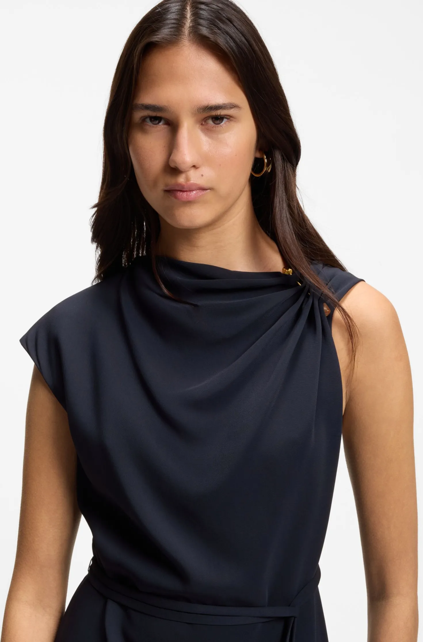 Midi-length dress with gathered shoulder detail