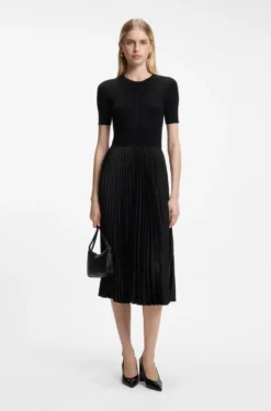 Mixed-material dress with plissé skirt