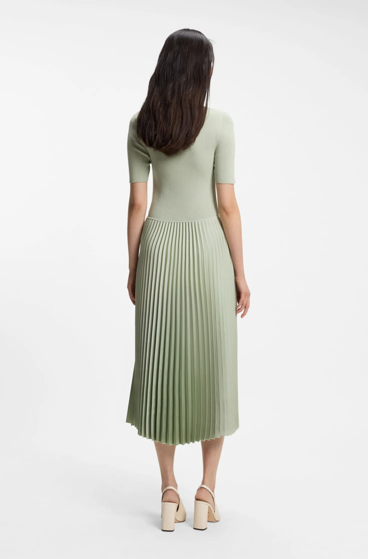 Mixed-material dress with plissé skirt