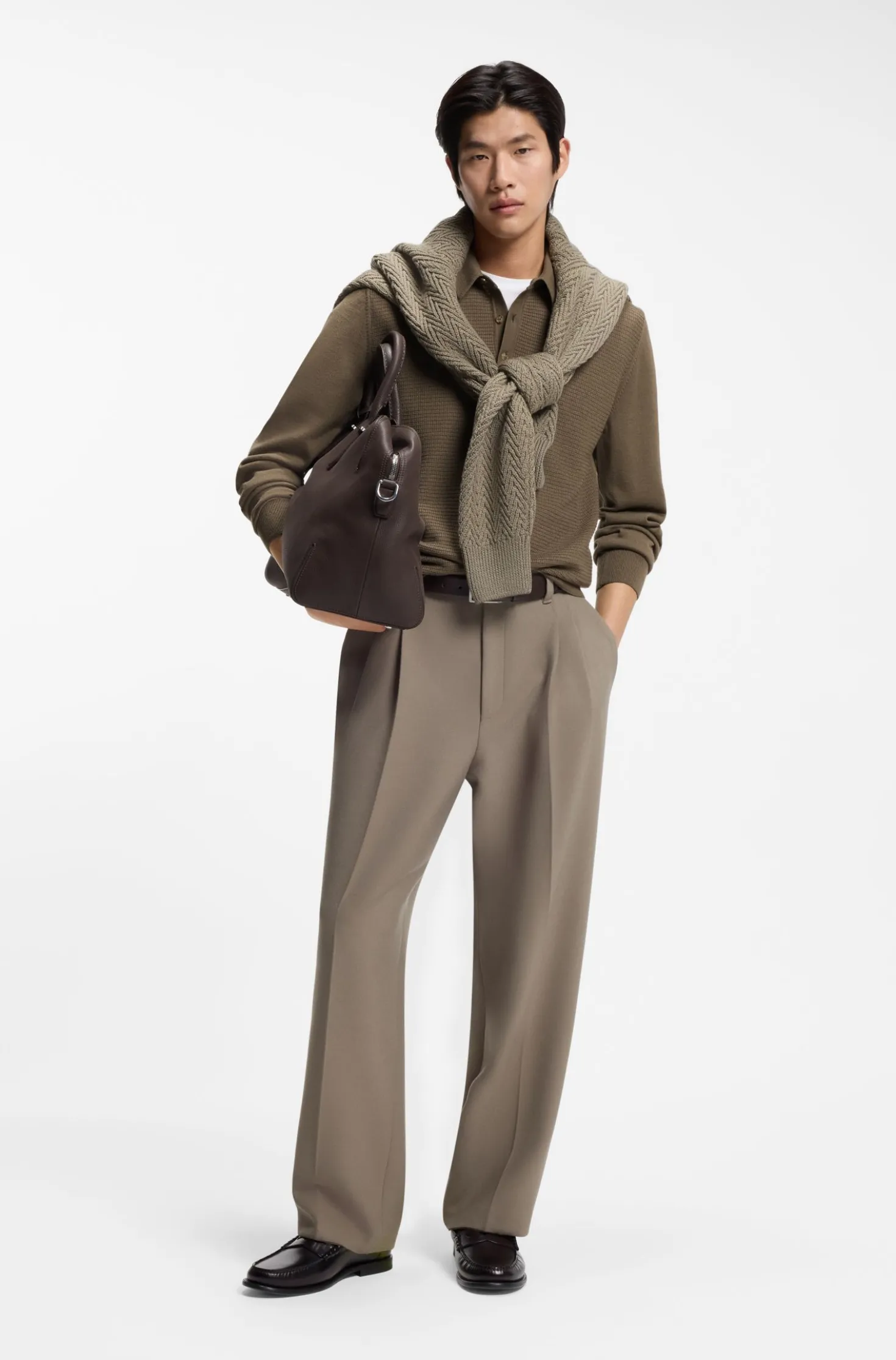 Mixed-structure knit polo in a wool blend
