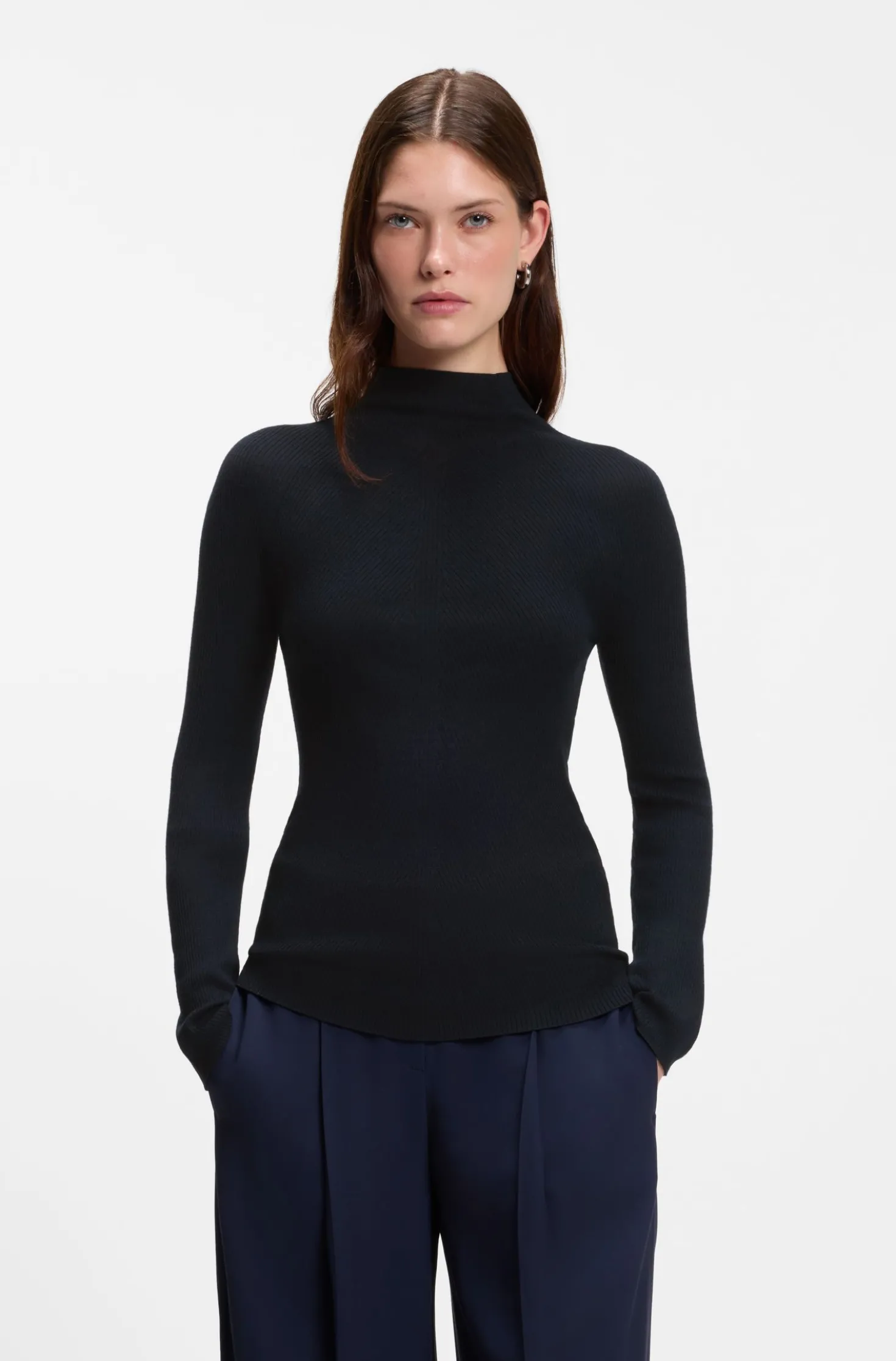 Mock-neck sweater in ribbed merino wool