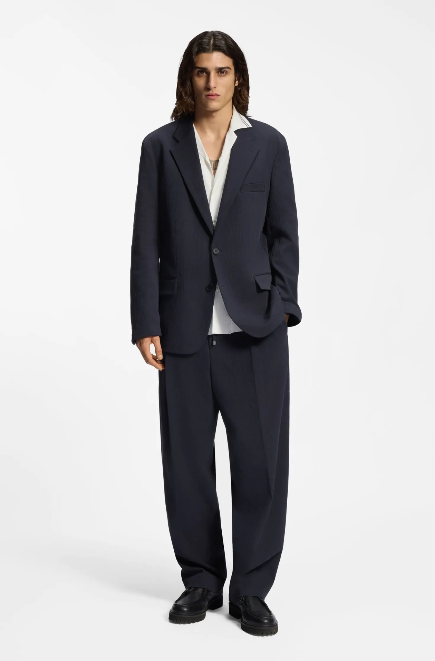 Modern-fit trousers in performance-stretch seersucker