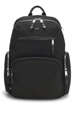 Multi-pocket backpack with leather trims