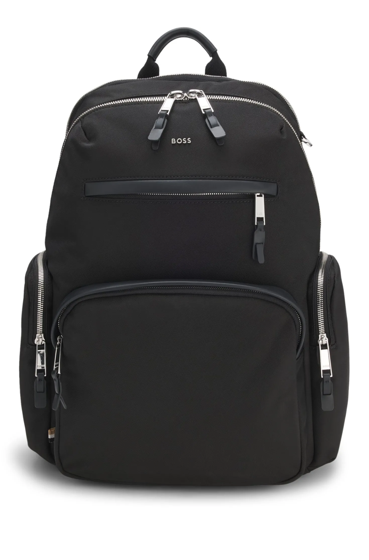 Multi-pocket backpack with leather trims