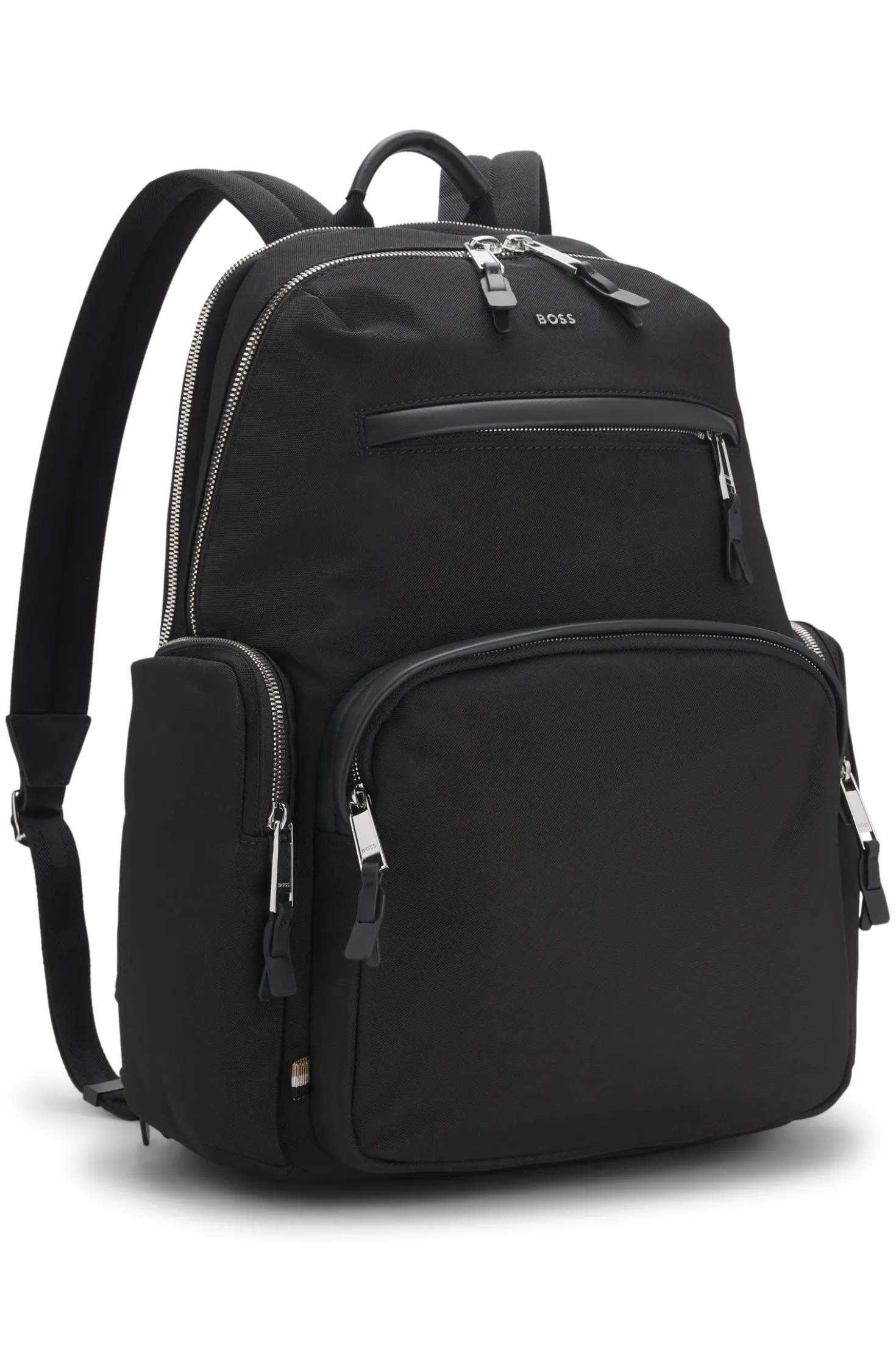 Multi-pocket backpack with leather trims