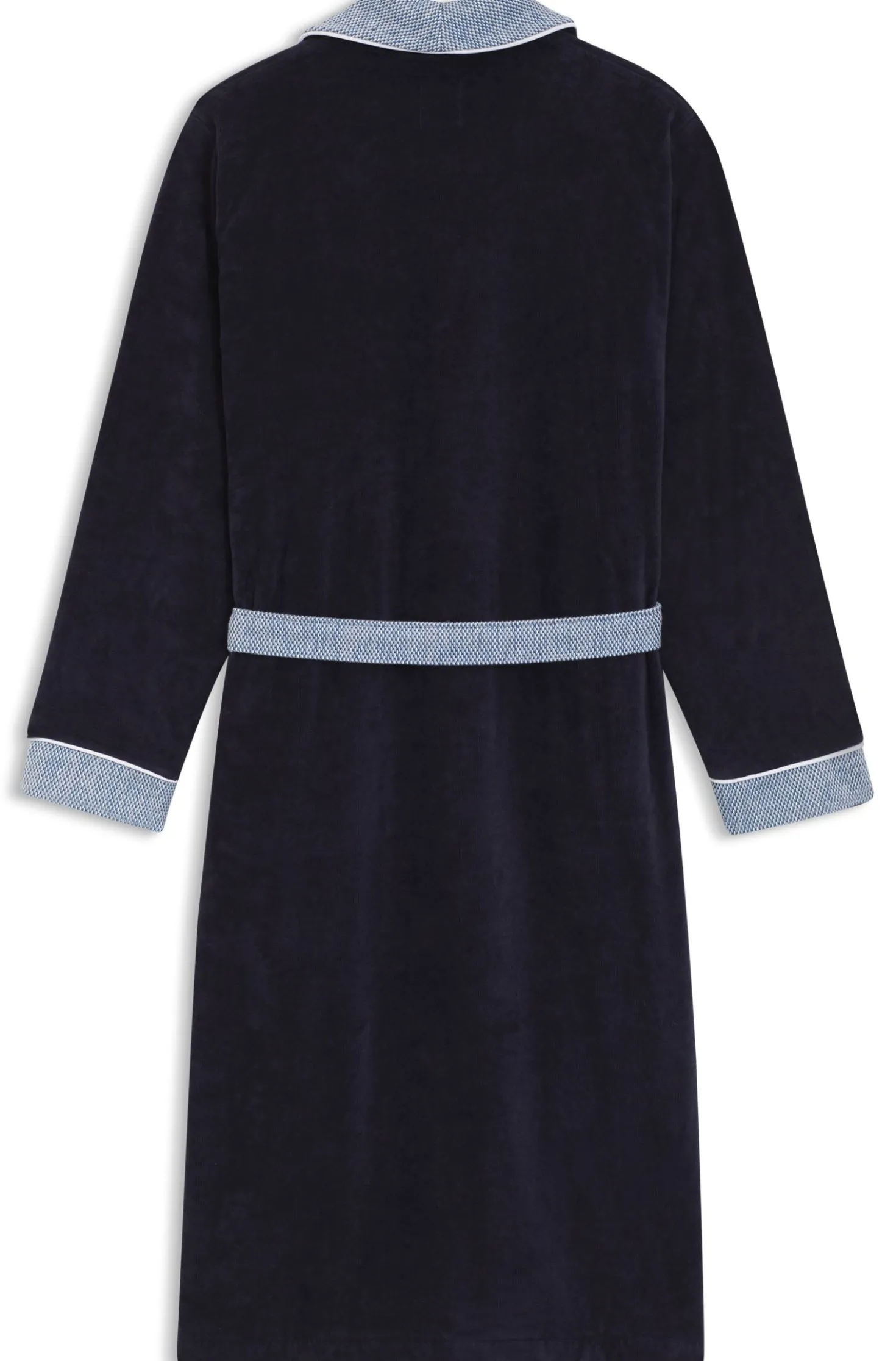 Navy cotton-velvet dressing gown with textured trims