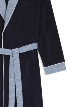 Navy cotton-velvet dressing gown with textured trims