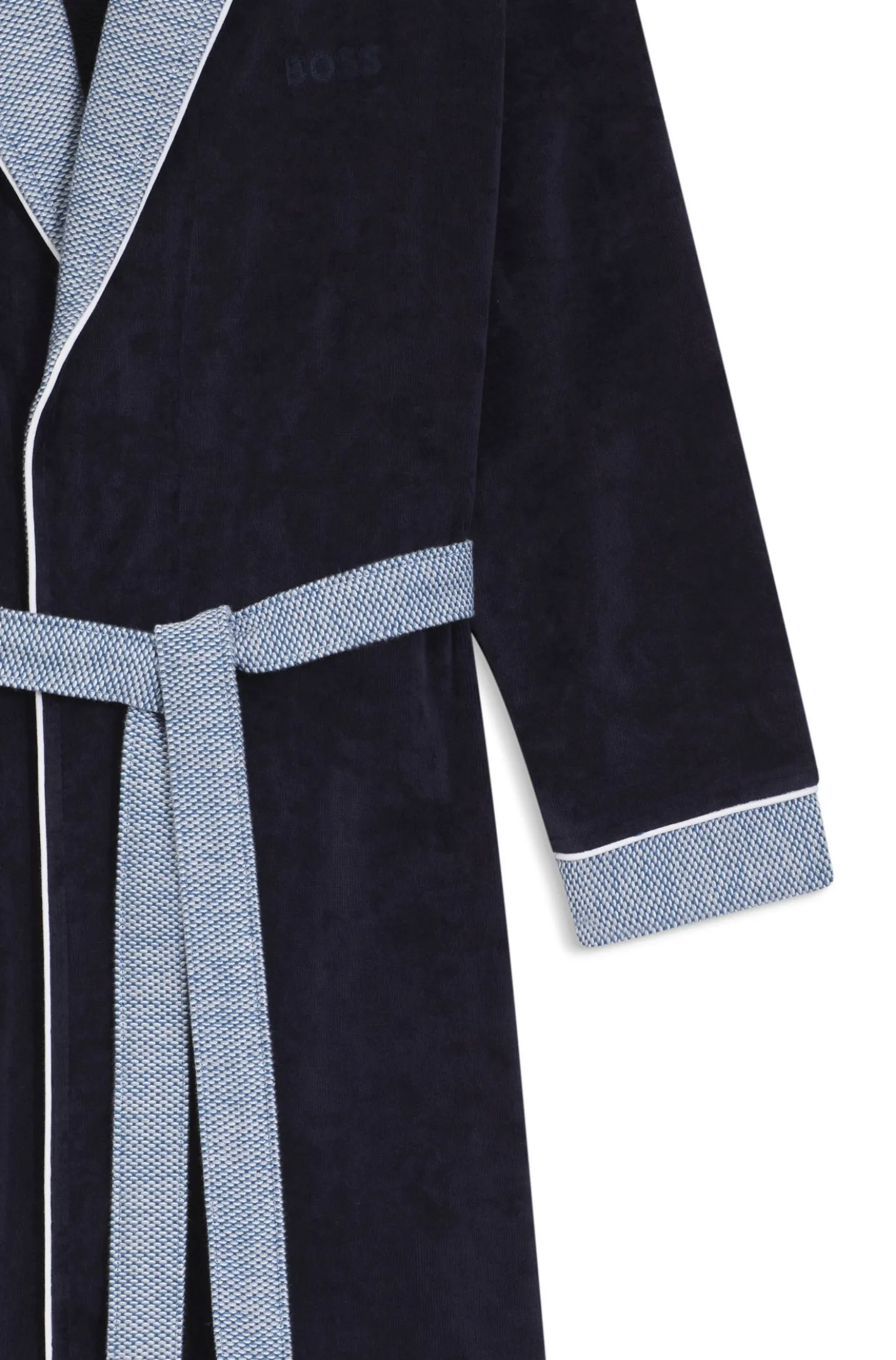 Navy cotton-velvet dressing gown with textured trims