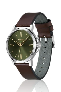 Olive-dial watch with brown leather strap