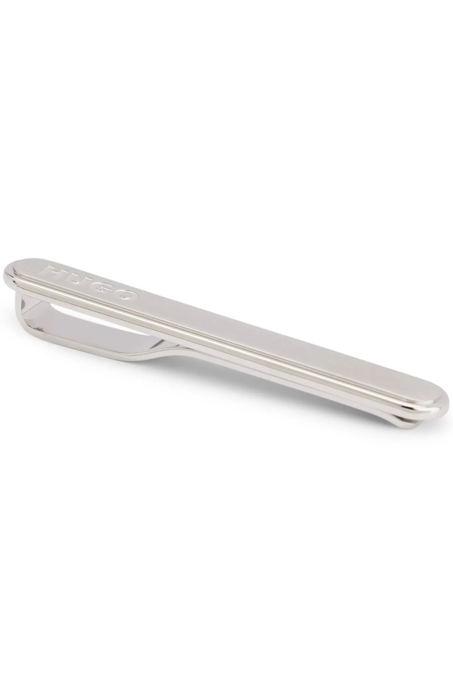 Oval-shaped tie clip with engraved logo