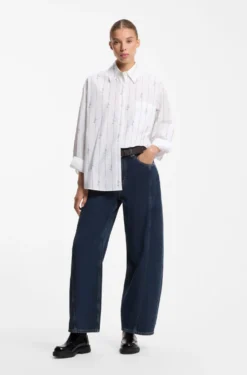 Oversized-fit blouse in cotton poplin with script logos