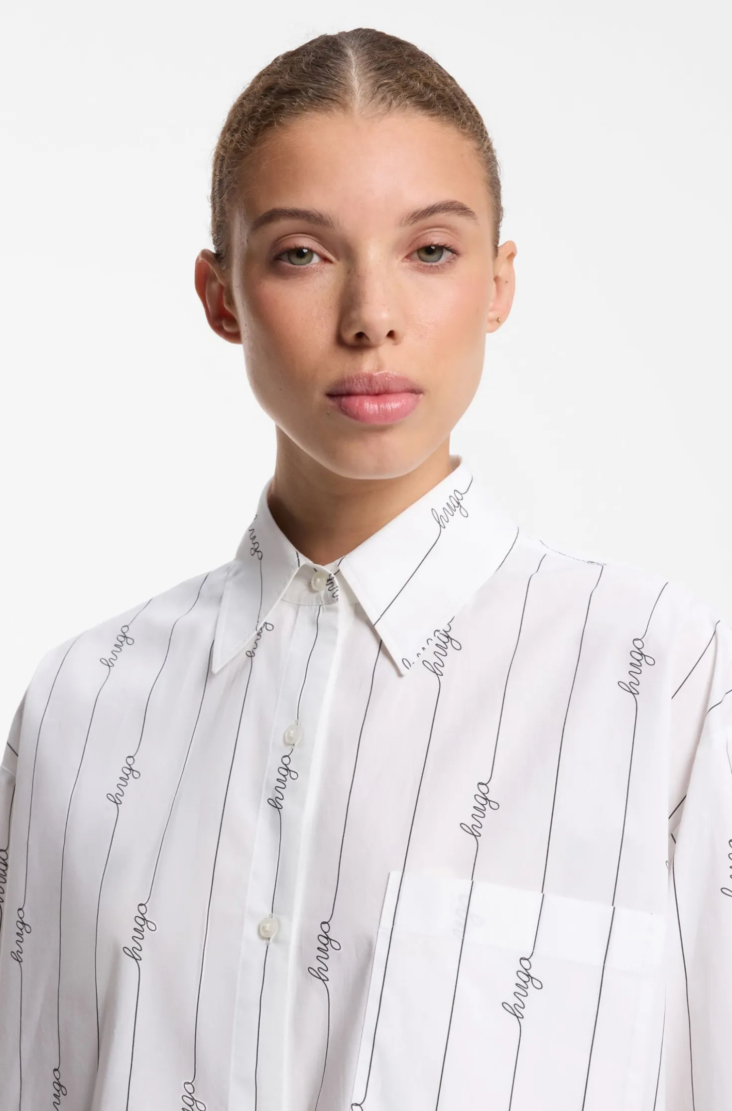 Oversized-fit blouse in cotton poplin with script logos