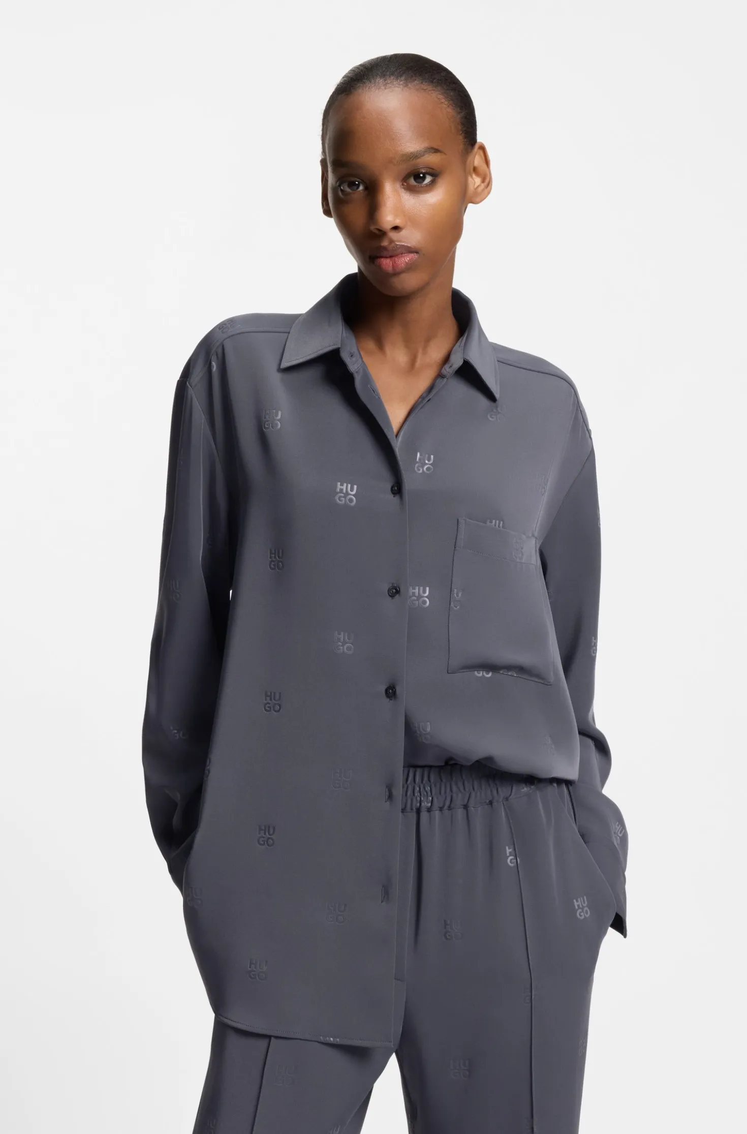 Oversized-fit blouse with stacked logos