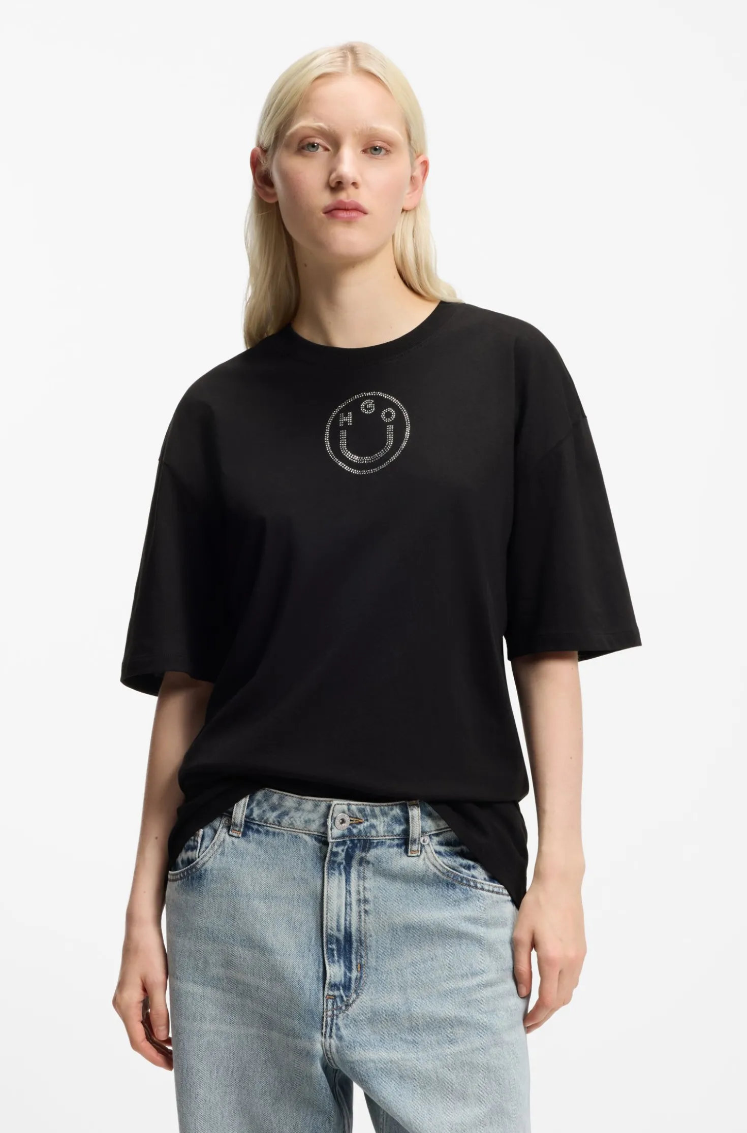 Oversized-fit cotton T-shirt with rhinestone Happy HUGO logo
