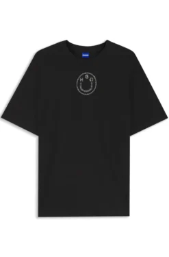 Oversized-fit cotton T-shirt with rhinestone Happy HUGO logo
