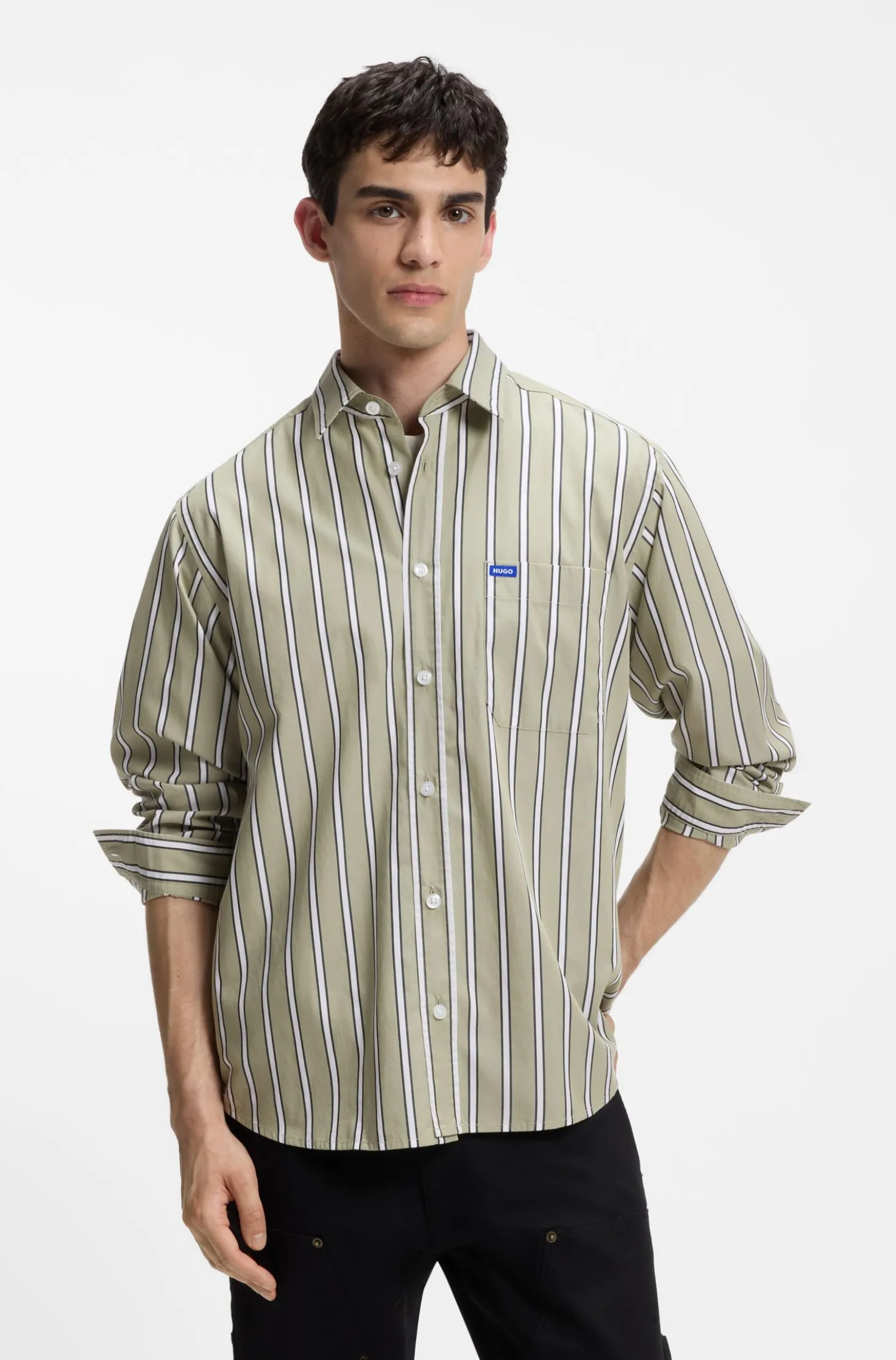 Oversized-fit shirt in striped cotton poplin