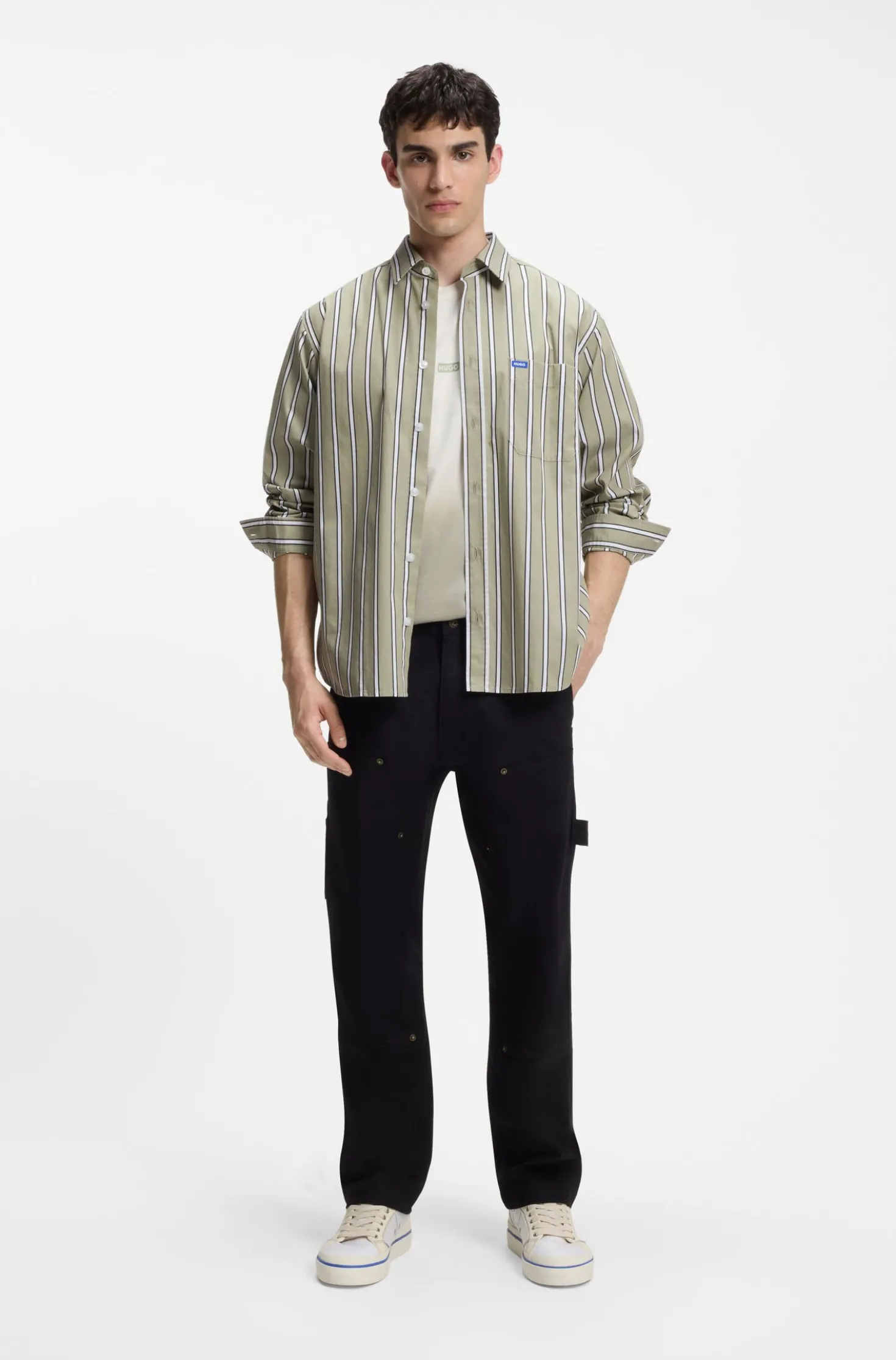 Oversized-fit shirt in striped cotton poplin