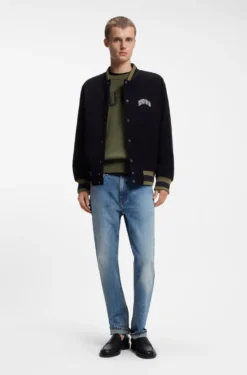 Oversized-fit sweater in ribbed cotton with varsity logo