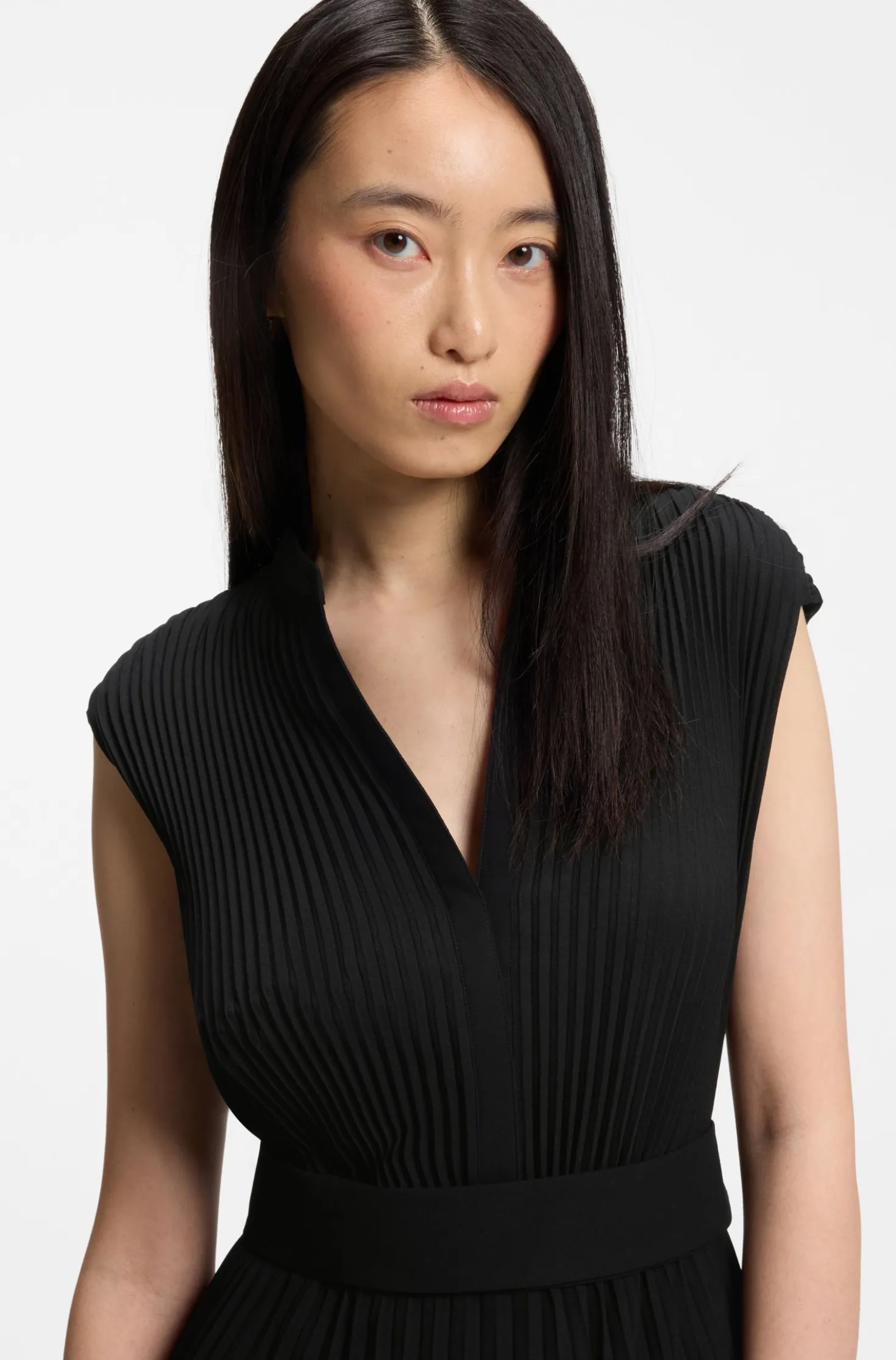 Plissé-crepe dress with notch neckline