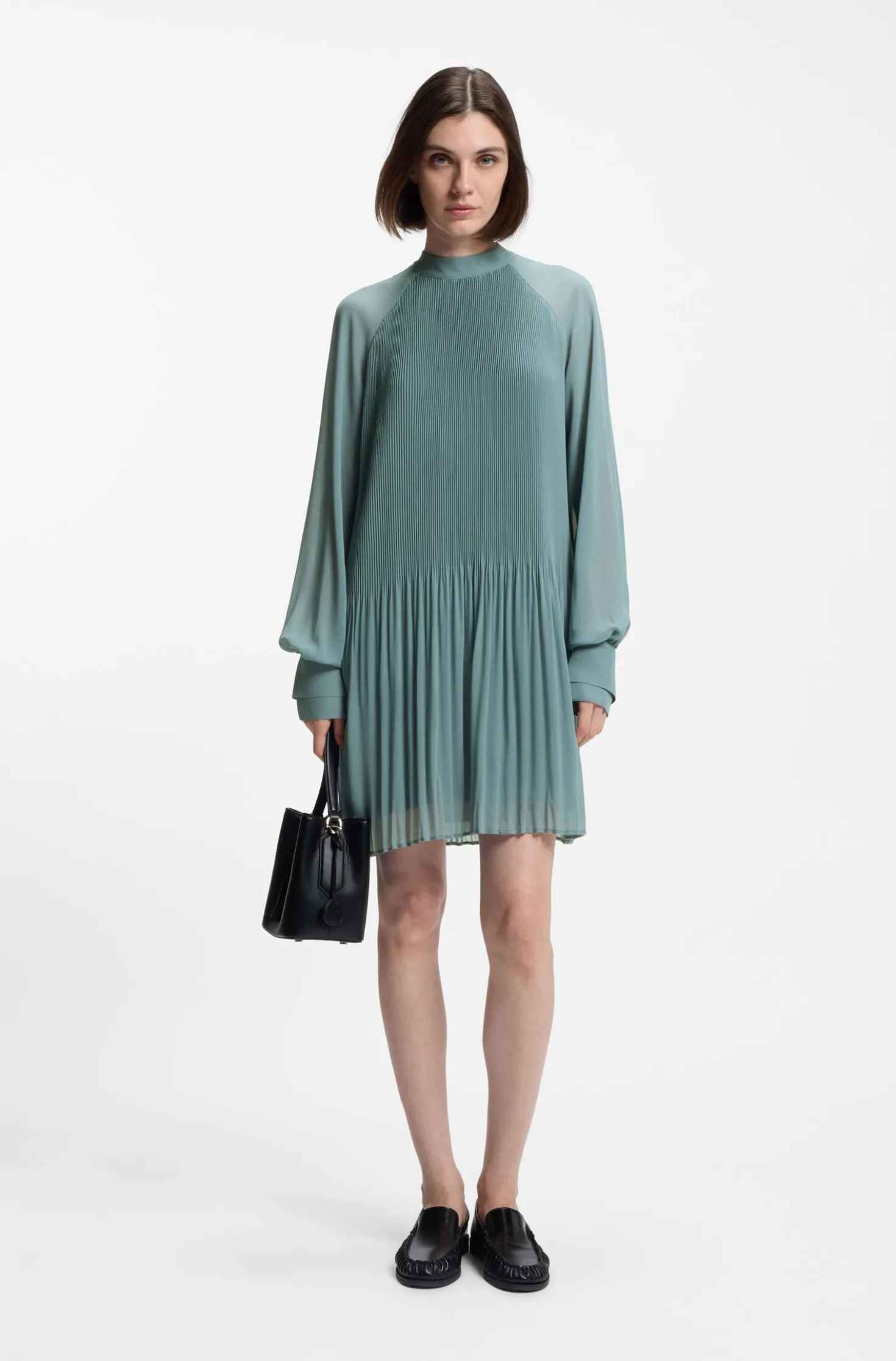 Plissé dress with sheer sleeves
