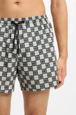 Quick-dry swim shorts with stacked-logo check print