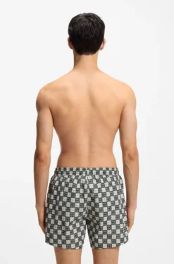 Quick-dry swim shorts with stacked-logo check print