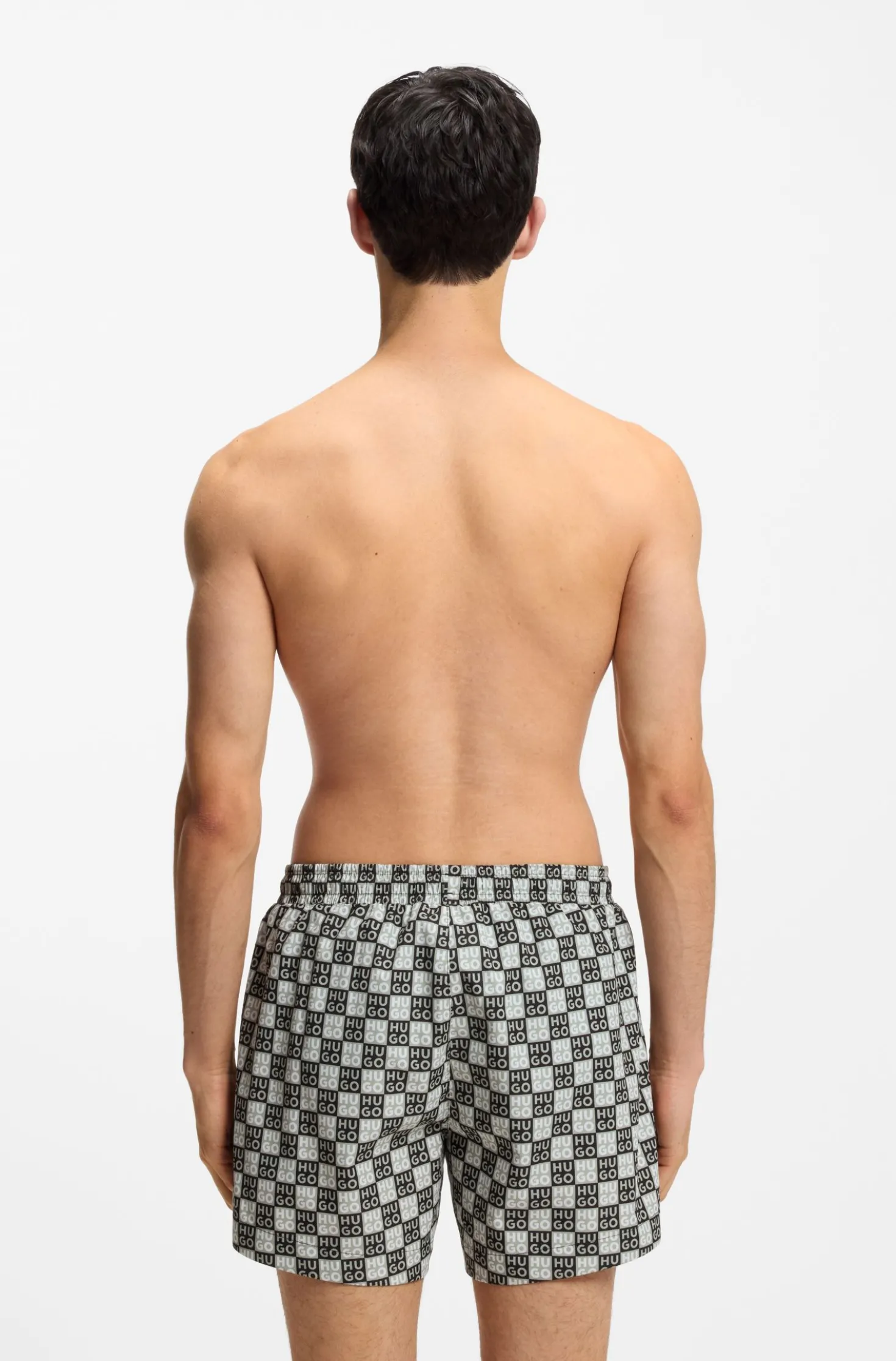 Quick-dry swim shorts with stacked-logo check print