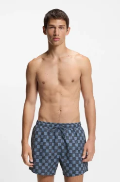 Quick-dry swim shorts with stacked-logo check print