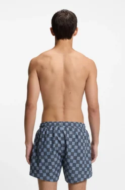 Quick-dry swim shorts with stacked-logo check print