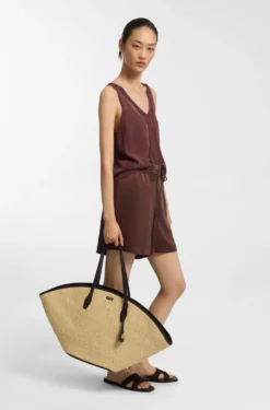 Raffia tote bag with leather trims