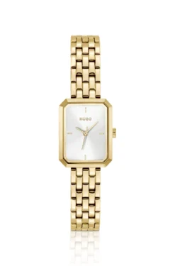 Rectangular gold-tone watch with white dial