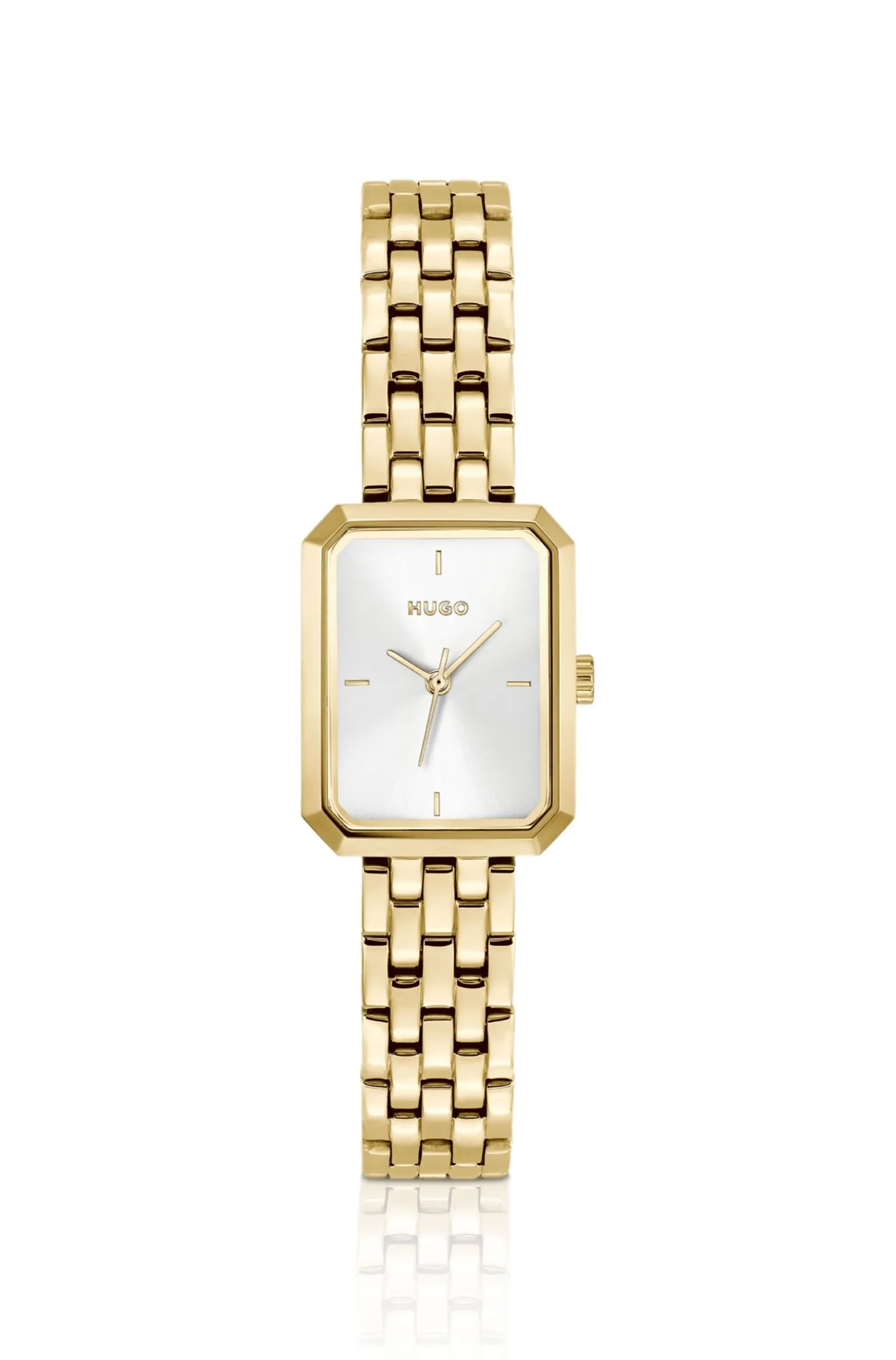 Rectangular gold-tone watch with white dial