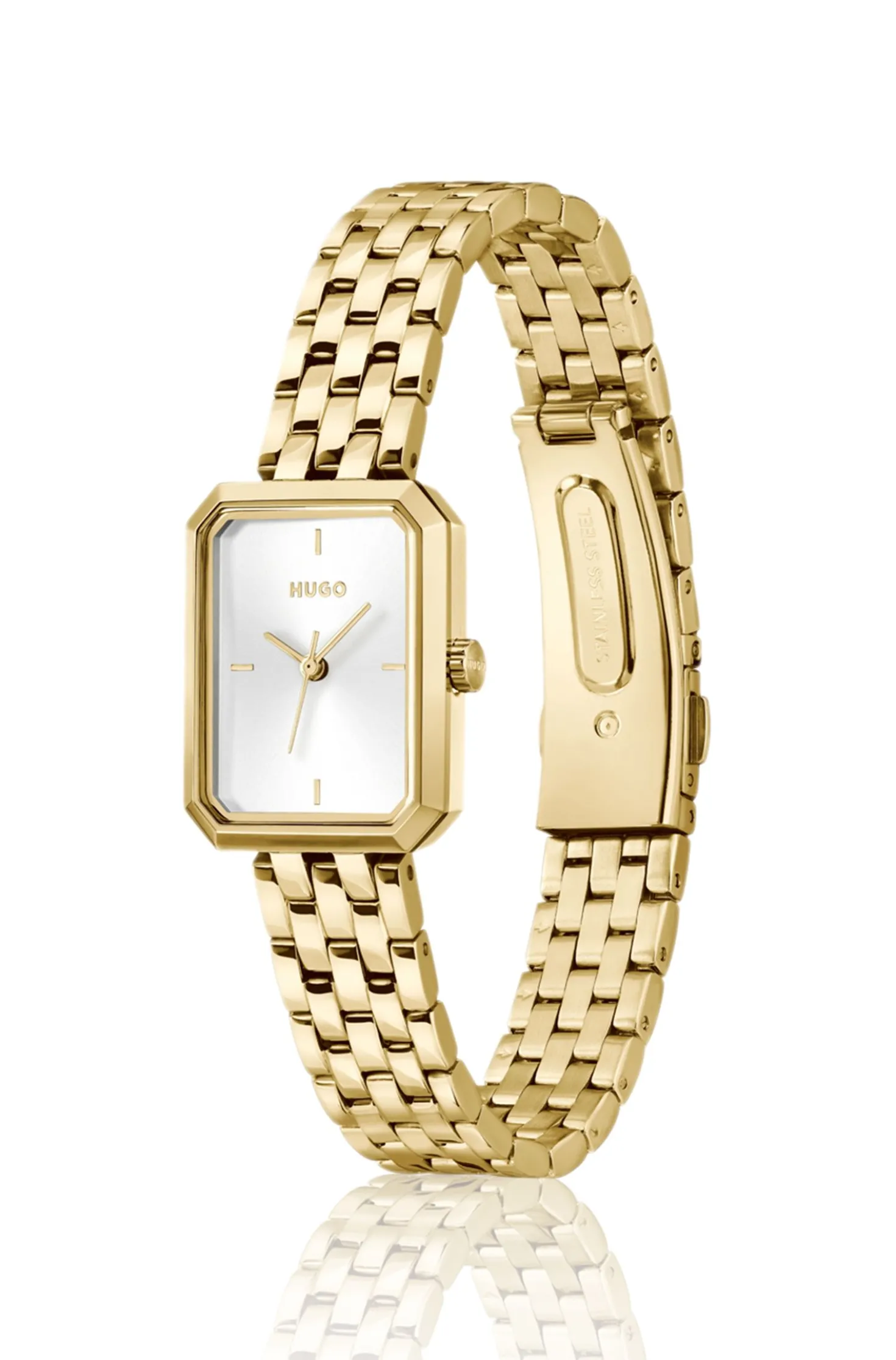 Rectangular gold-tone watch with white dial