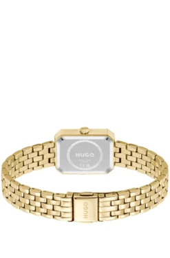 Rectangular gold-tone watch with white dial