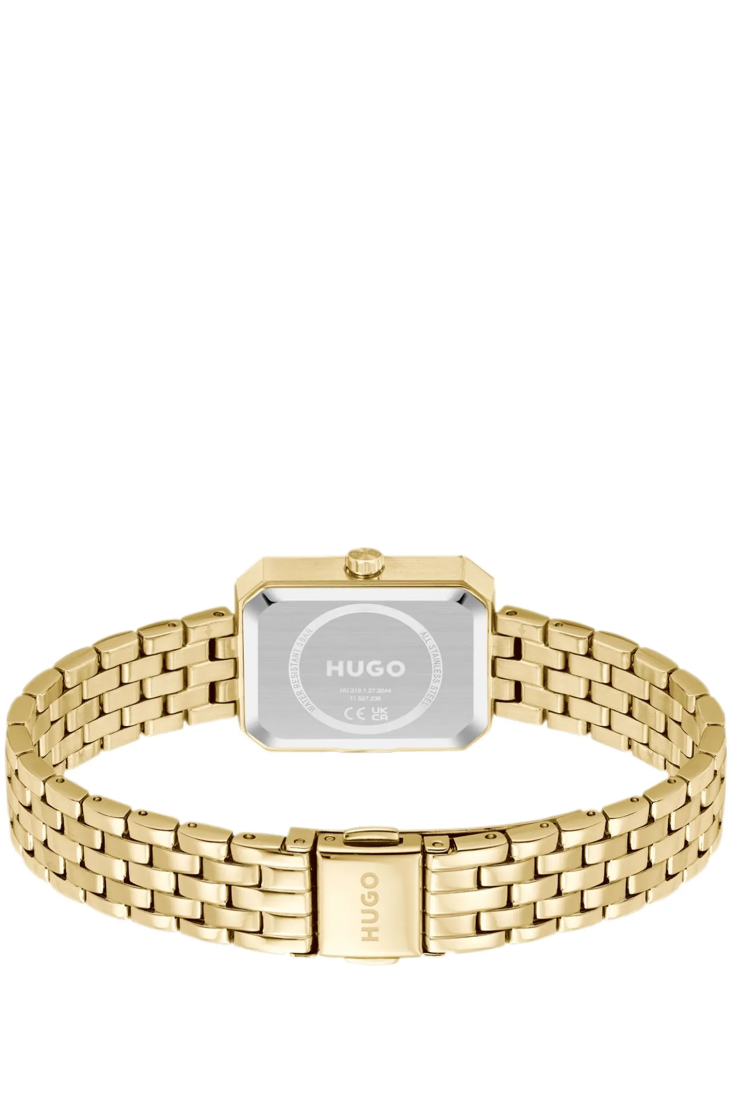 Rectangular gold-tone watch with white dial