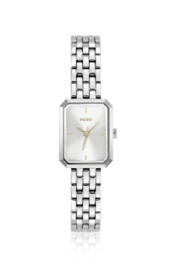 Rectangular stainless-steel watch with silver-white dial
