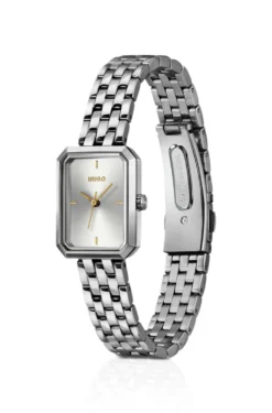 Rectangular stainless-steel watch with silver-white dial