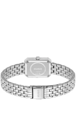 Rectangular stainless-steel watch with silver-white dial