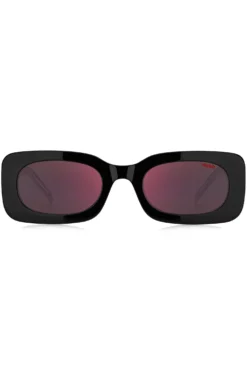 Red-and-black-acetate sunglasses with detachable slogan strap